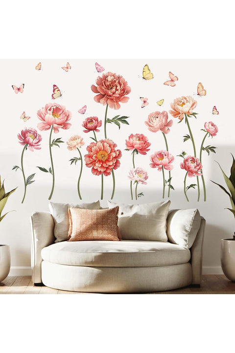 Flower Wall Stickers for Girls Room: Peel and Stick Pink Wildflower Peony Rose Floral Wall Decals - Baby Nursery Girl Bedroom Living Room Home Art Wall Decor