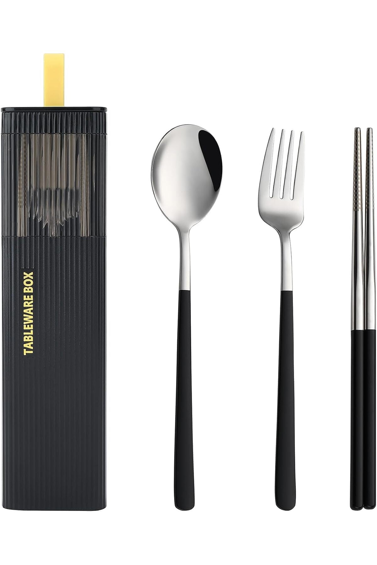 Travel cutlery set, 18/8 Stainless Steel 4pcs Portable Camp Reusable Flatware Silverware (Black)