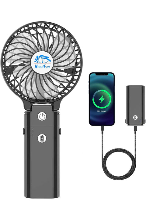 5200mAh Portable Handheld Fan Rechargeable - 3 Speeds Foldable Personal Cooling, 2-IN-1 Hand Held Fan Battery Operated, 20H Runtime for Travel/Summer/Concerts/Women (Black)