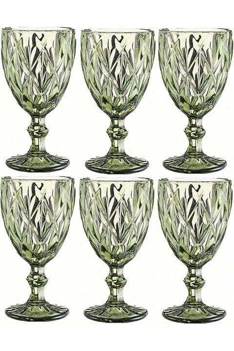 Glass Goblet Vintage Set of 6 Colored Wine Glasses, 10 Oz with Embossed Pattern (Green)