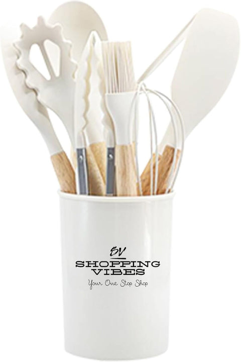 12PCS Kitchen Utensil Set Silicone Cooking Utensils Kit Spatula Heat Resistant Wooden Spoons Gadgets Tool for Non-Stick Cookware (White)