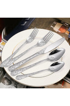 Floral Silverware Set, 5-Piece Silvery Stainless Steel Flatware with Rose Flower Design