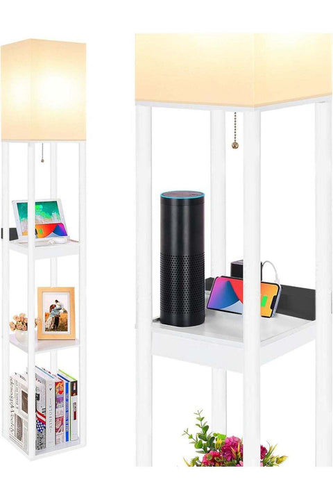 Floor Lamp with Shelves for Living Room, USB/Type-C Ports, 3 CCT LED Bulb, White Linen Shade