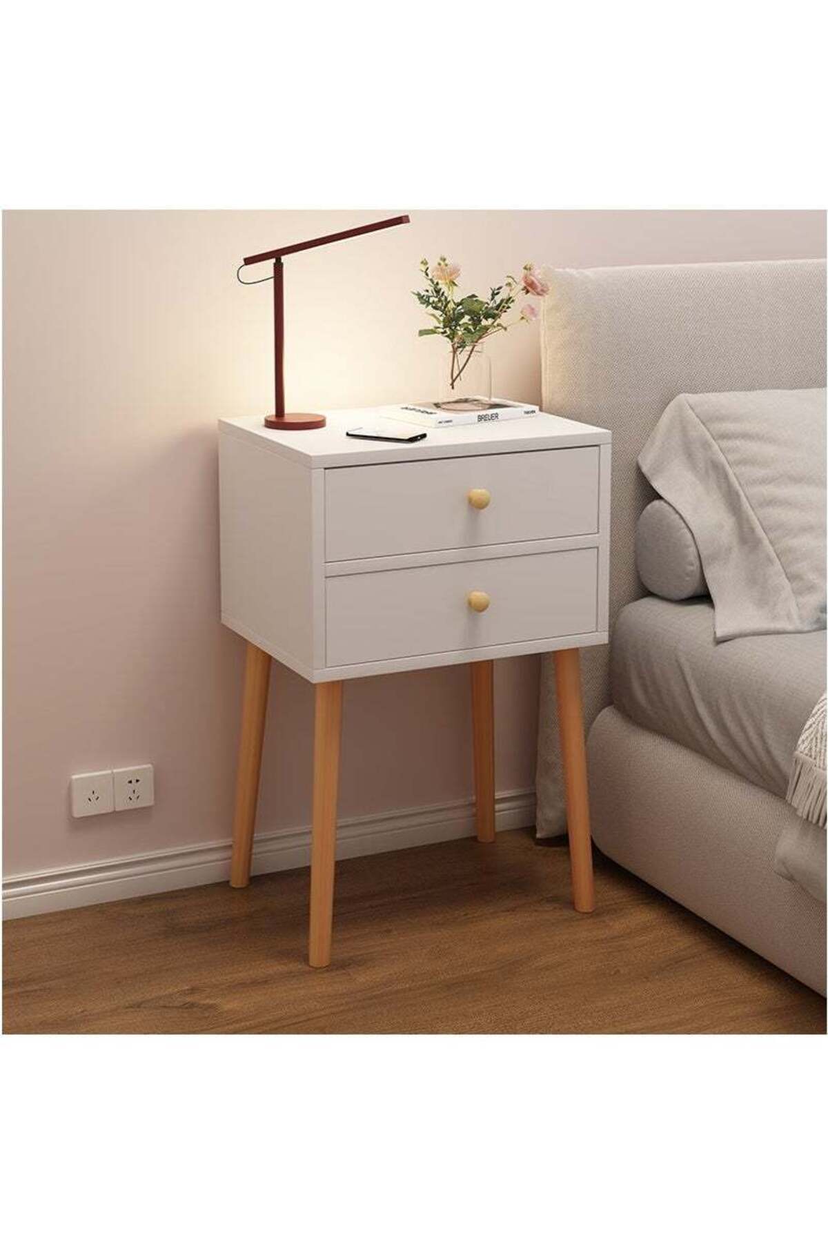 White Bedside Table, Modern Simple Wooden Nightstand, Bedroom Storage Night Table with Drawers, Suitable for Bedroom, Living Room, Study Room (Double Drawer)