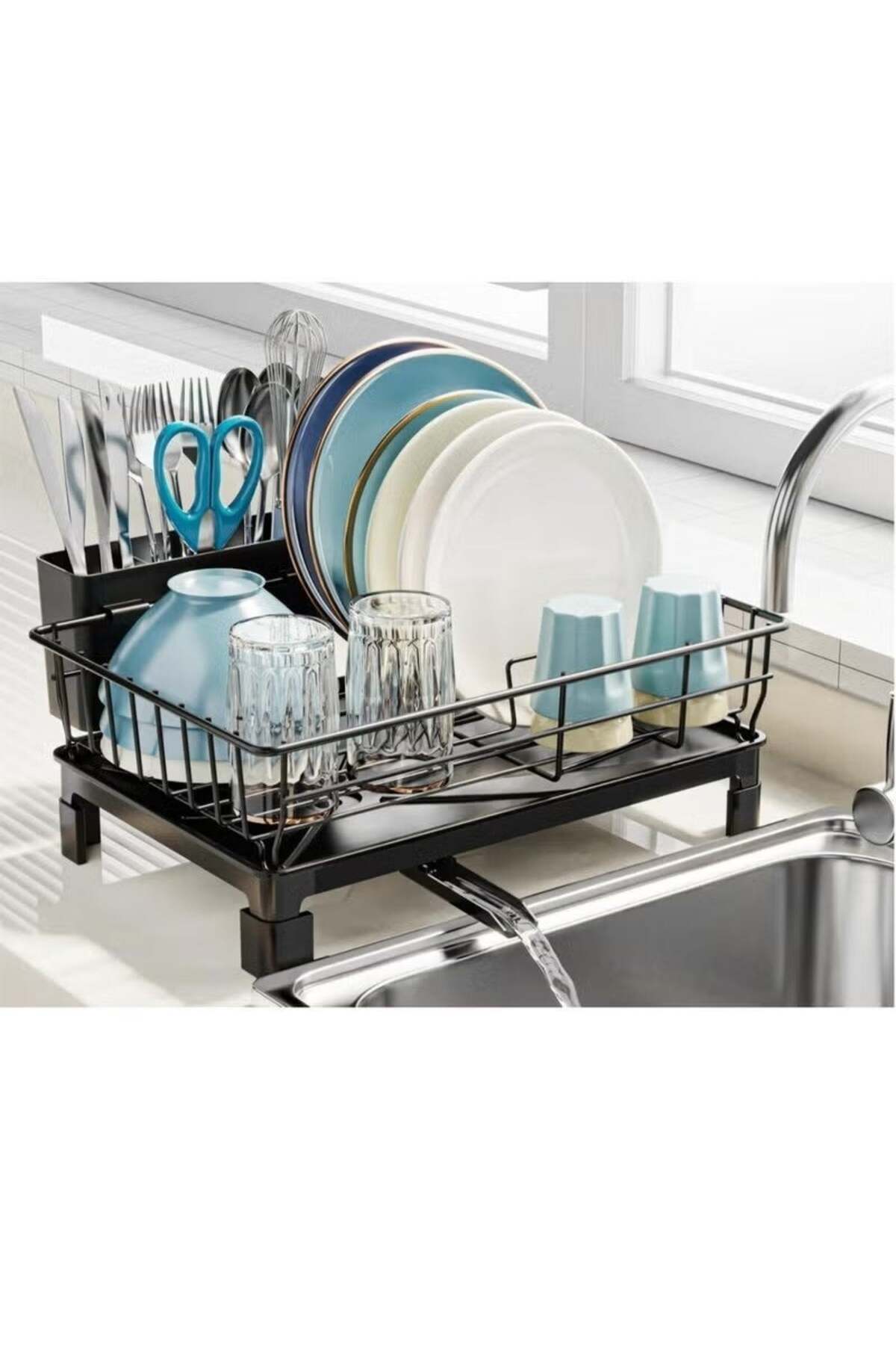 Bayt Easy - High-Quality Drain Rack - Countertop Drain Rack for Small Kitchens with Drain Tray, Dish Rack, Rotating Drain System, Scratch-Resistant Stainless Steel - Black (15" L×11" W×5.9" H)