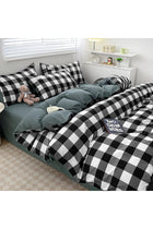 Duvet Cover Set King Size 4 Pcs, 100% Washed Cotton Ultra Soft Bedding Set - White Black/Plaid