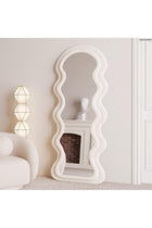Full Length Mirror 60 * 160cm, Irregular Wavy Mirror, Wave Arched Floor Wall Standing Hanging or Leaning Against for Bedroom, Flannel Wrapped Wooden Frame Mirror-White