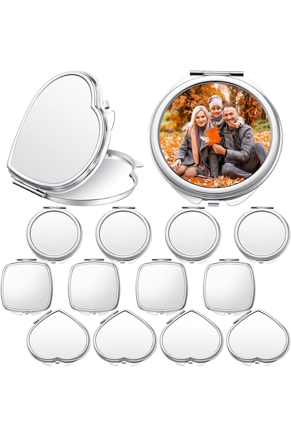 12 Pcs Sublimation Compact Mirrors Bulk Set – Small Double-Sided Folding Pocket Makeup Mirrors for Heat Transfer, Customizable Travel Gift for Women, Heart Round Square