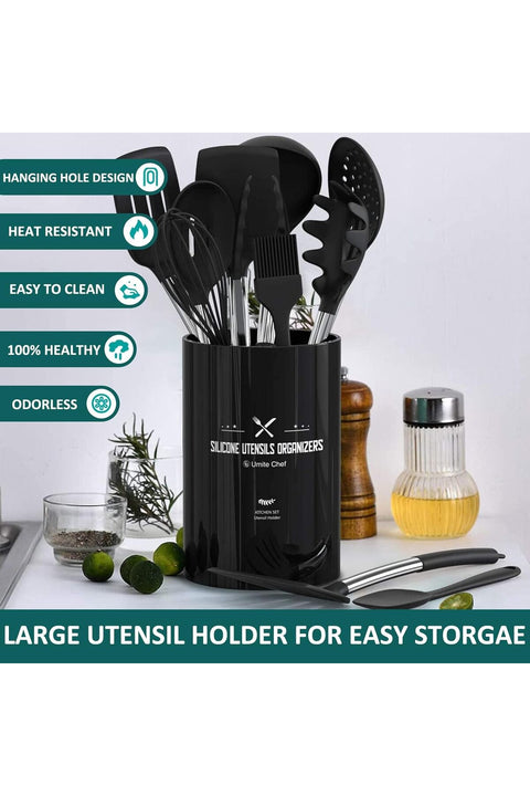 Silicone Cooking Utensil Set, 15pcs Silicone Cooking Kitchen Utensils Set, Non-stic - Best Kitchen Cookware with Stainless Steel Handle - Black