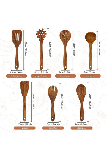 7 Pcs Wooden Kitchen Utensil Set with Spatula, Salad Fork & Spoon, Ladle, Strainer Spoon & Spatula