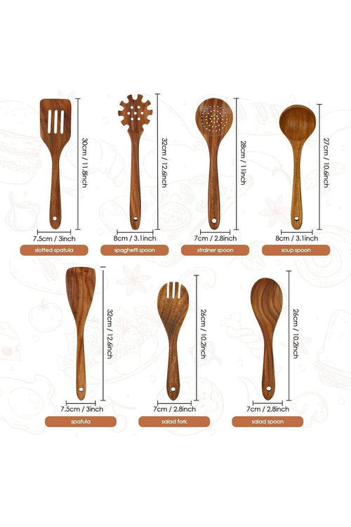7 Pcs Wooden Kitchen Utensil Set with Spatula, Salad Fork & Spoon, Ladle, Strainer Spoon & Spatula