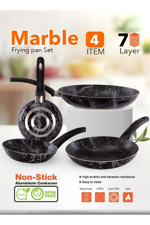 4 Piece Cook Marble Fry Pan Set 7-Layer Granite Coating Non-Stick Surface with Bakelite Handle 18-20-24-28 Marble Black