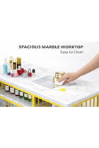 3 Tier Storage Shelves Manicure Table with White Faux Marble Top, Gold Metal Frame Nail Desk Workstation for Home Office Kitchen and Nail Tech Makeup Beauty Spa Salon Equipment