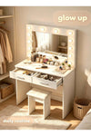 Dressing Table with LED Lights, Makeup Vanity Desk with Mirror & Cushioned Stool, Vanity Set with Storage Drawers for Bedroom Apartment