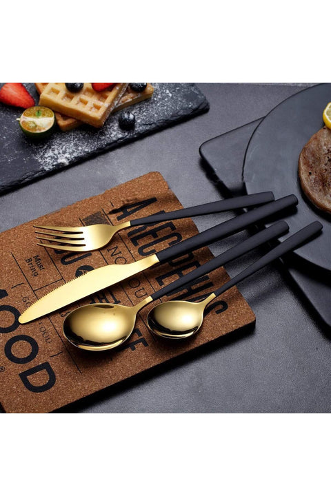 Flatware Cutlery Set, Royal 4 Piece Matte Black Gold Stainless Steel Tableware Sets for 1 Including Forks Spoons Knives, Camping Silverware Travel Utensils Set Cutlery (Black Gold)