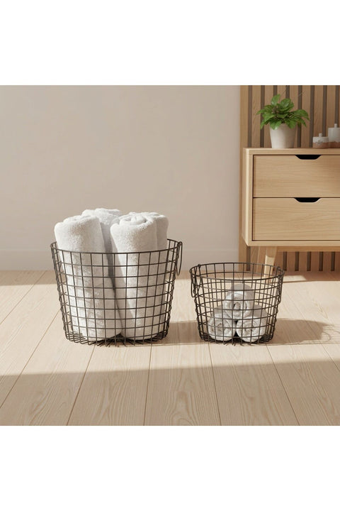 Linny Metal Storage Basket With Metal Handles, Set Of 2 - Black