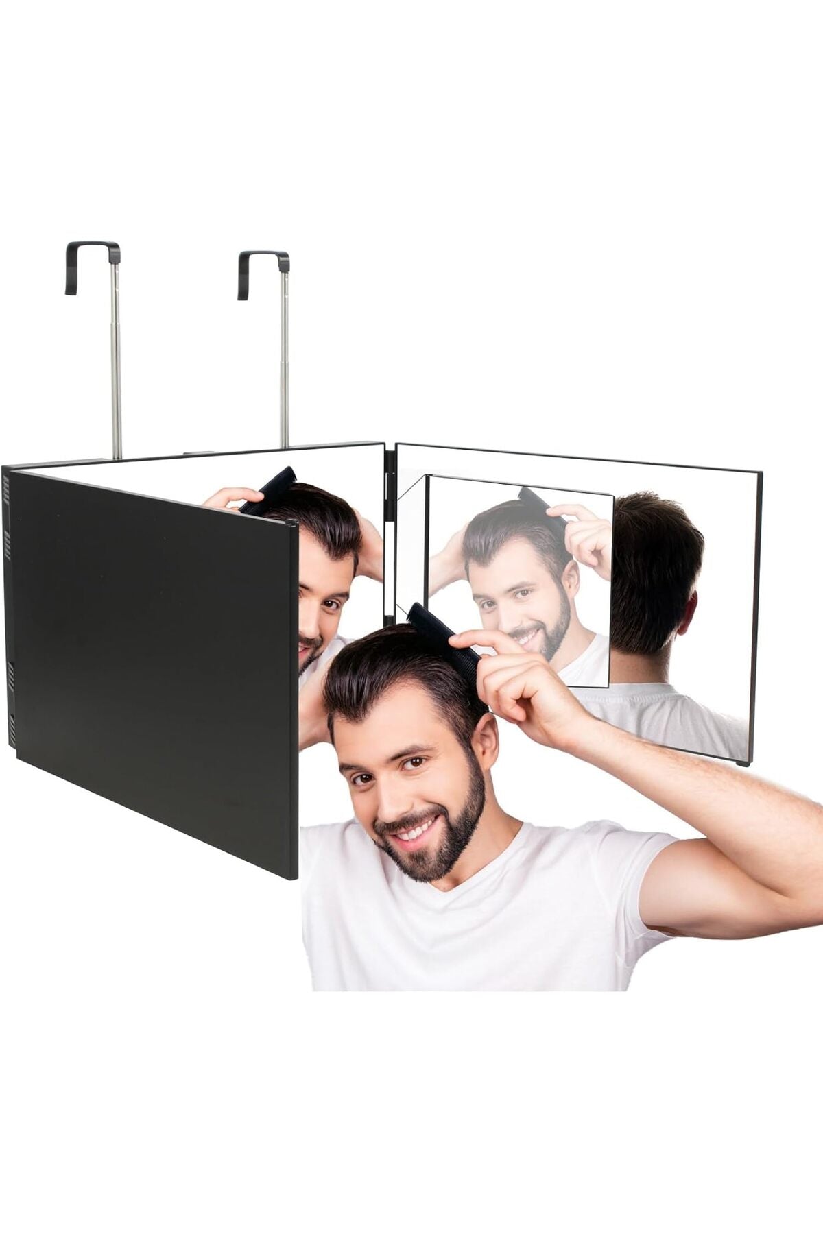 Feisate 3 Way Mirror for Self Hair Cutting, Barber Mirror, Black, No LED | Barber Mirror Self Cut to See Back of Head, Height Adjustable