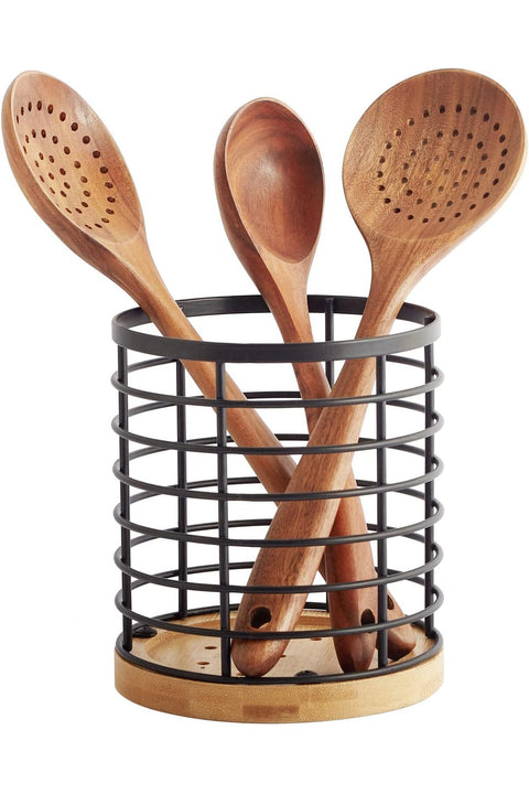 WDT Tool Utensil holder for Kitchen Counter - 5.2" x 5.2" x 6" Large Round with Wooden Base Matte Black Cooking Utensil Holder Utensil Organizer (Metal+Bamboo)