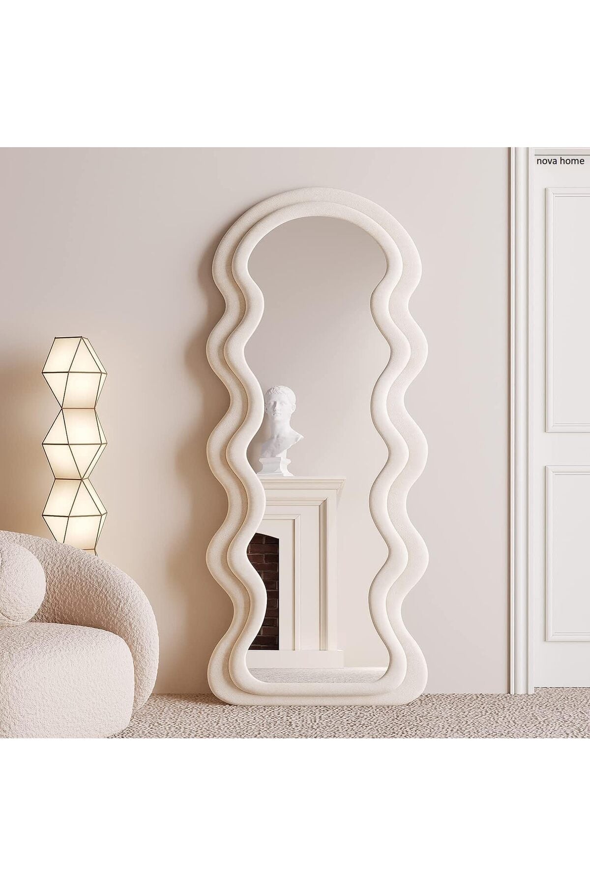 Full Length Mirror 60 * 160cm, Irregular Wavy Mirror, Wave Arched Floor Wall Standing Hanging or Leaning Against for Bedroom, Flannel Wrapped Wooden Frame Mirror-White