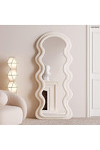 Full Length Mirror 60 * 160cm, Irregular Wavy Mirror, Wave Arched Floor Wall Standing Hanging or Leaning Against for Bedroom, Flannel Wrapped Wooden Frame Mirror-White