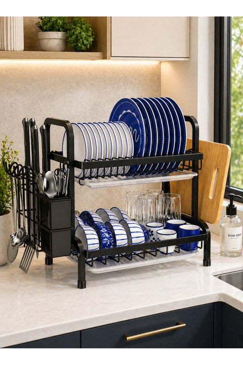 2 Tier Dish Drying Rack, Dish Drainer with Removable Drain Board, Utensil Holders
