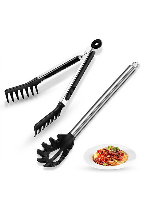 Gmaro 2 Piece Spaghetti Spoon and Pasta Tong Set with Grip Teeth and Drain Holes, Non-Stick Silicone Head