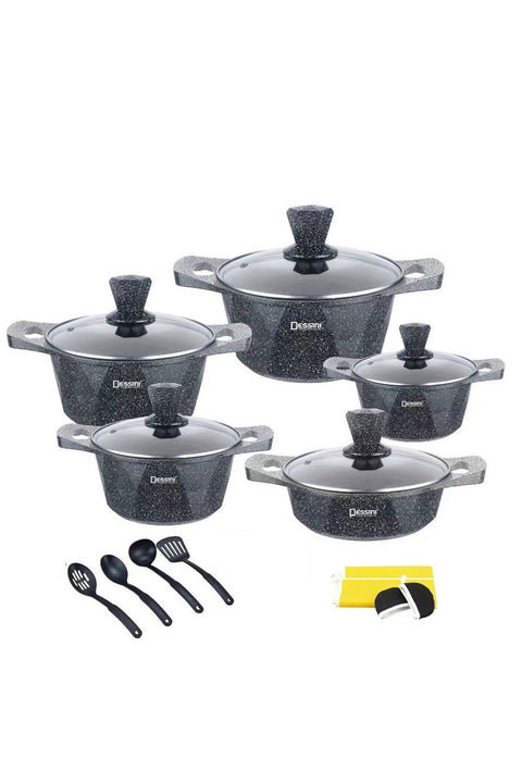 17-Pc Granite Coated Cookware Set: 20, 24, 28, 32cm Casserole Pots, 28cm Shallow Pot & 7 Acc.