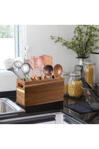 Acacia Wood Utensil Holder, 3 Compartments with Handles, Rustic Cutlery Organizer Caddy for Kitchen, Party