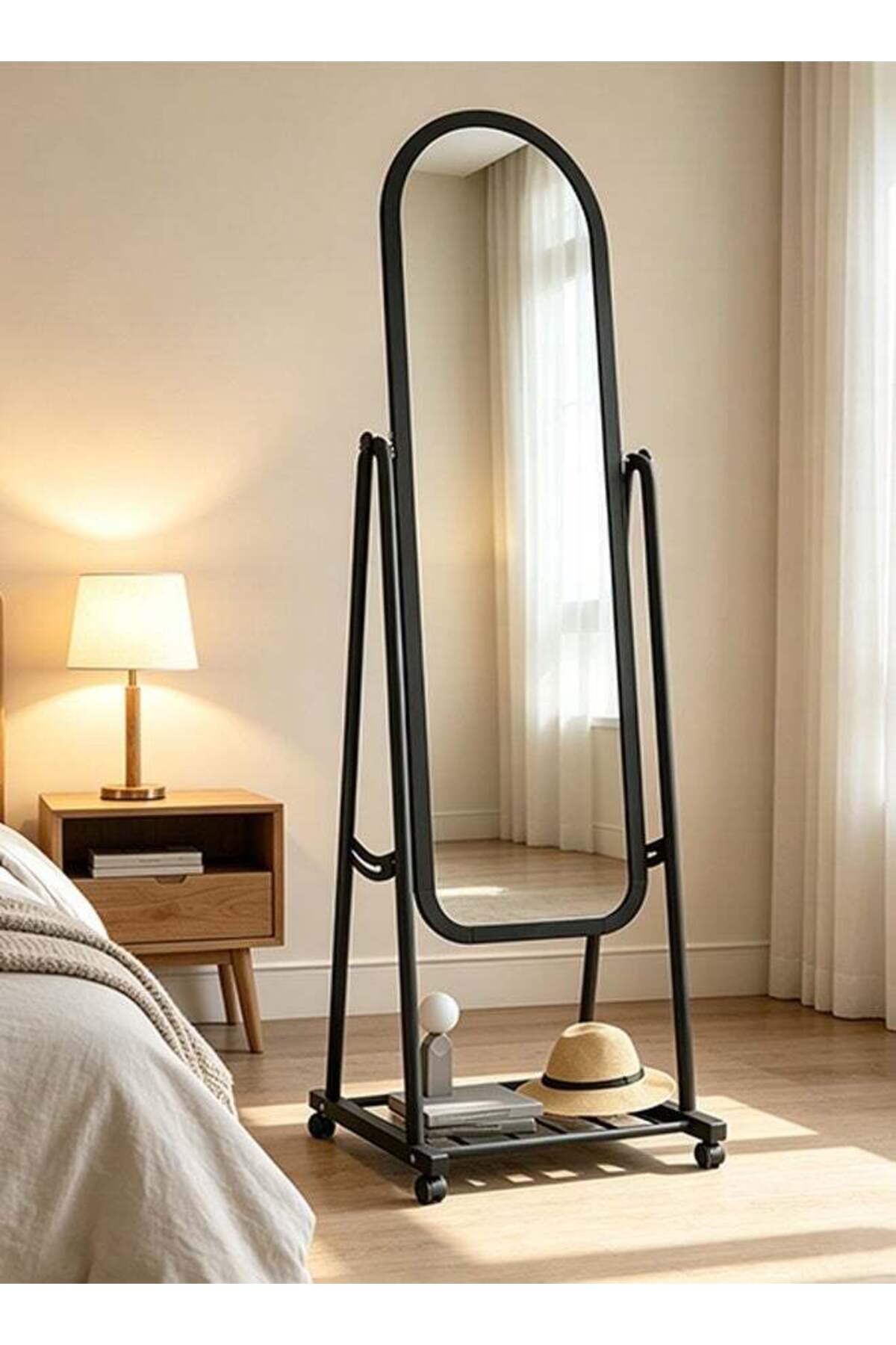 Adjustable Standing Full-Length Mirror, Tiltable Dressing Mirror with Bottom Storage Stand, Household Floor Mirror for Living Room/Bedroom(Black)