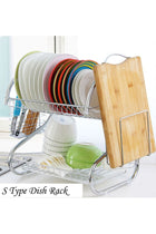 Dish Drainer Rack, 2 Tier Stainless Steel Dish Rack with Cutting Board, Cutlery, Utensil Holder, Dish Dryer for Kitchen Counter Top Storage, Plated Chrome Dish Drainboard Silver