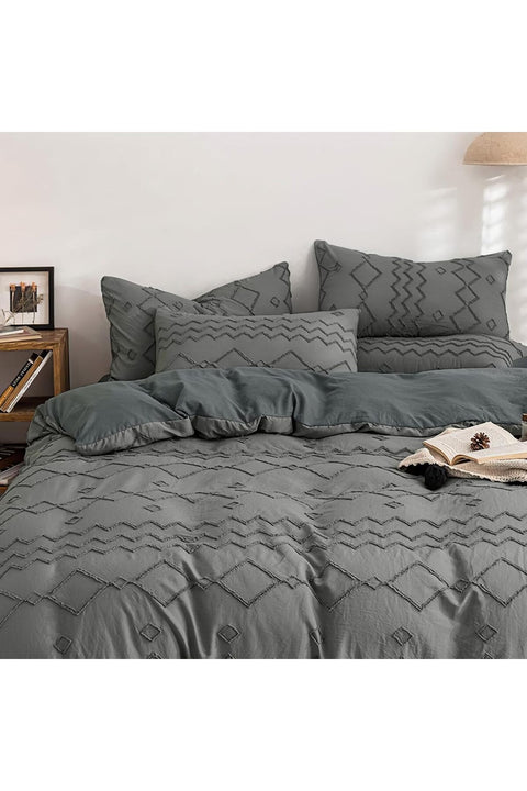 Duvet Cover Set King Size, Boho Bedding for All Seasons, 4 Pieces Embroidery Bedding Duvet Cover - Gray