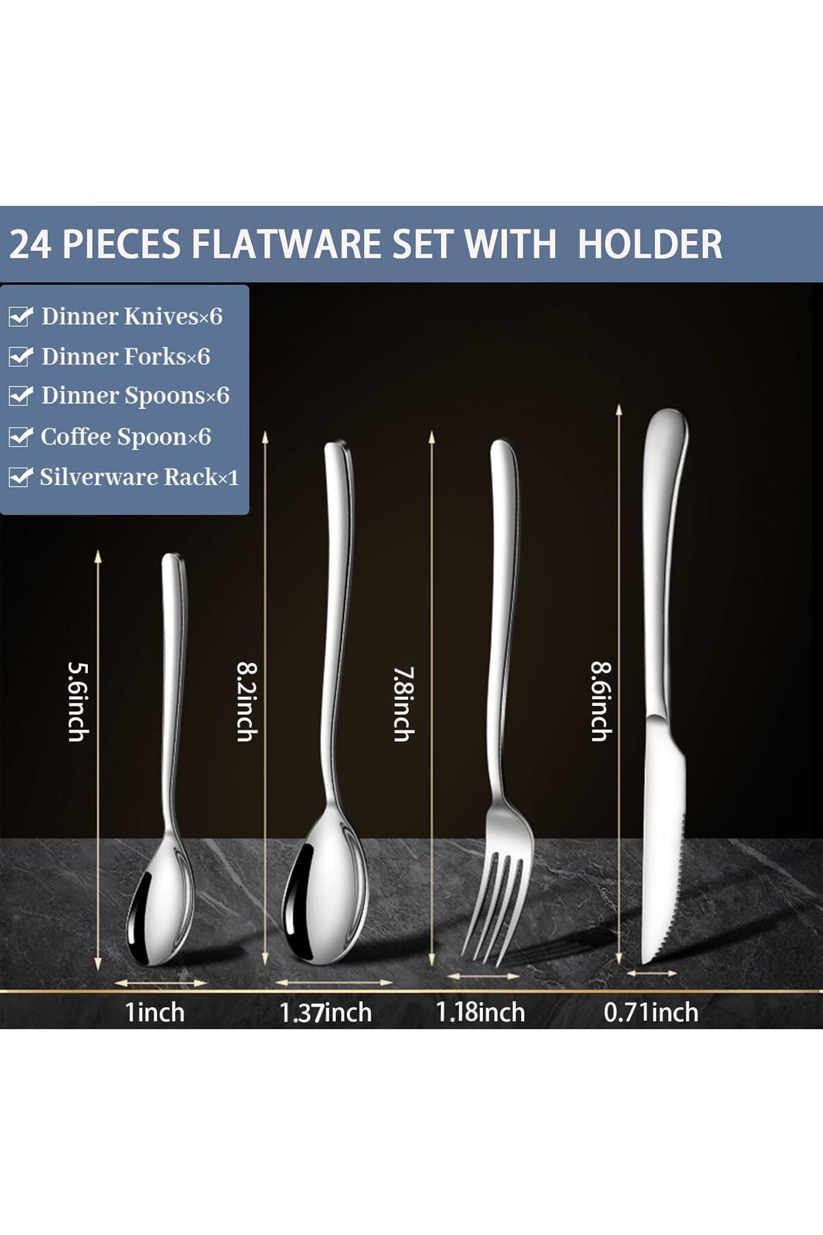 24 Piece Stainless Steel Cutlery Set with Stand Service for 6, Mirror Polish Silverware Set Fork Spoon Knife Includes Coffee Spoon, Dishwasher Safe, Gift Box