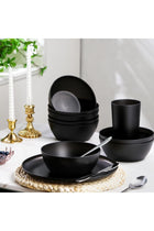 24 Piece Black Dinnerware Set, Unbreakable Plastic Plates Bowls Cups, BPA Free Reusable Tableware