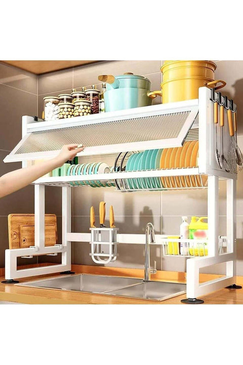 Metal Dish Cabinet Rack Dustproof Sink Rack With Cabinet Door Multi-functional Plate Drying Storage Kitchen Organizer