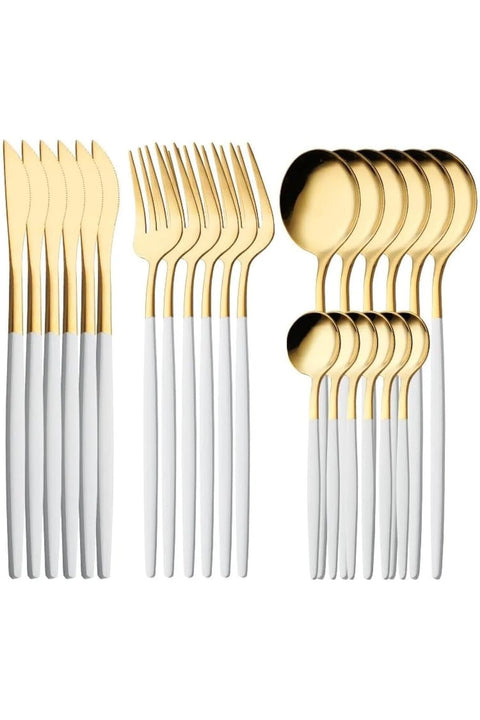 BuyOn Cutlery Set 24 Pieces Stainless Steel Tableware Dinner Mirror Polished for 6 (GOLD & WHITE)