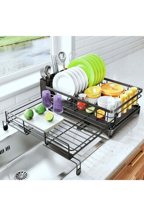 Dish Drying Rack - Extendable Dish Rack, Large Sink Drying Dish Drainer for Kitchen Counter, Stainless Steel Dish Strainer with Utensil Holder, Black (Upgraded version)