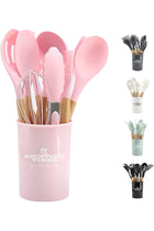 12PCS Kitchen Utensil Set Silicone Cooking Utensils Kit Spatula Heat Resistant Wooden Spoons Gadgets Tool for Non-Stick Cookware (Pink)