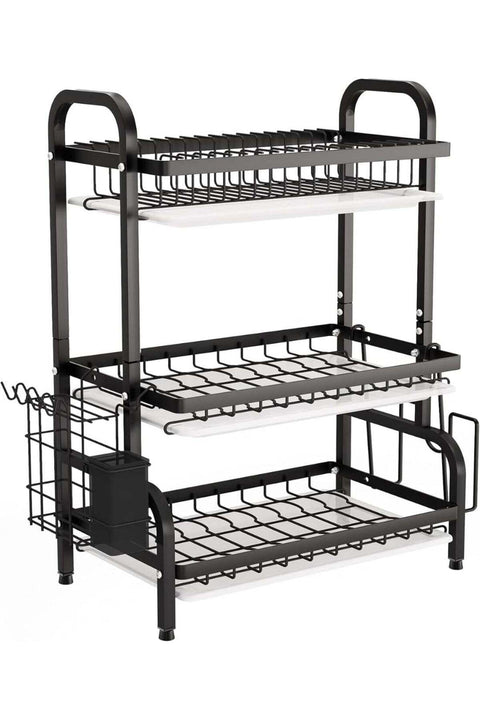 3-Tier Kitchen Dish Drying Rack with Drain Tray, Large Capacity Countertop Dish Organizer, Rust Resistant Metal Dish Rack with Utensil Holder and Cup Storage for Plates Bowls and Kitchen Accessories