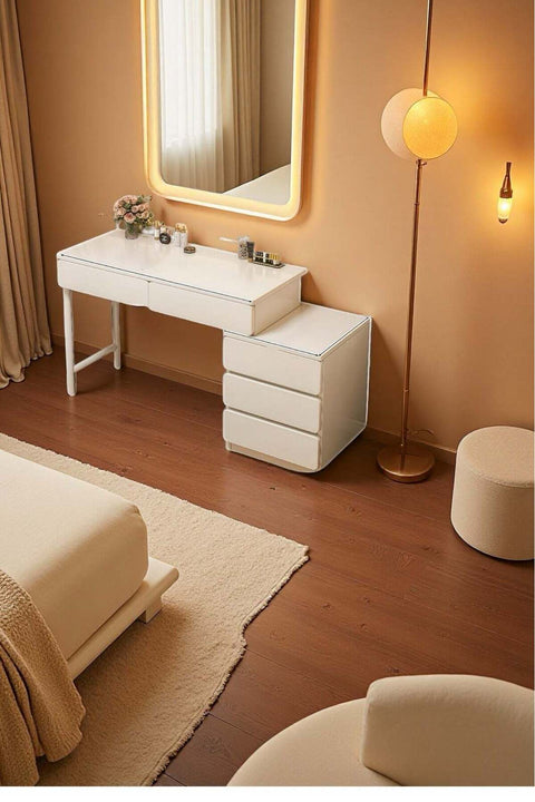 Cream White Bedroom Vanity Table, Makeup Table with 5 Swappable Drawers, Adjustable Size Dressing Desk for Girls' Bedroom - Multifunctional as Bedside Table, Study Desk & Learning Table,100*40*60cm（SZ