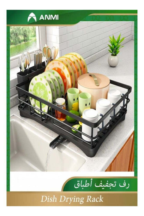 Stainless Steel Dish Rack for Kitchen Counter, Large-Capacity Dish Drainer with Cutlery Holder, Kitchen Organizer for Dishes, Spoons and Forks, Black