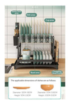 2 Tier Foldable Dish Drying Rack with Utensil Holder & Cutting Board Holder & Drainboard Tray, Rotatable Drainage System Scratch Resistant Frosted Baking Process Coatings, Large Black UK86279
