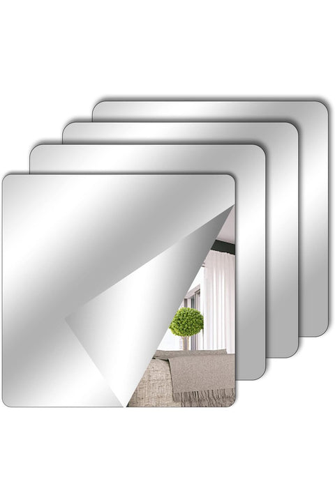 Pack of 4 Self-Adhesive Tile Mirrors for Sticking, 15 x 15 cm, Acrylic Mirror, School Mirror, Flexible Mirror Films, Mirror Stickers for Wall, School, Home, Living Room, Bathroom, Bedroom