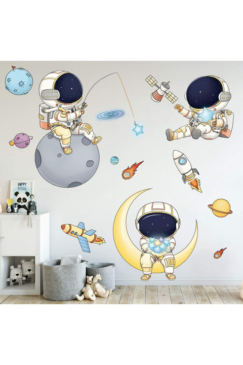 Astronaut Wall Stickers Planet Space Walk Spaceship DIY Art Vinyl Removable Murals Wall Decals, Cute Cartoon Spaceman Cosmonaut Art Wallpaper for Kids Boys Bedroom Playing Room