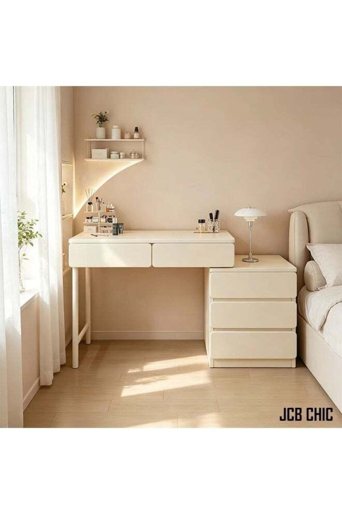 Space‑Saving Expandable Dressing Table with Storage Cabinet,Modern White Makeup Vanity Desk Vanity Table,Multifunctional Computer Table 2‑in‑1 Writing Desk for Study Reading Writting Gaming