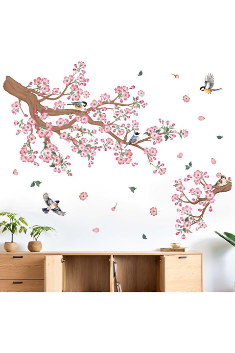 Cherry Blossom Wall Stickers for Bedroom: Peel and Stick Pink Flower Bird Tree Branch Wall Decals - Living Room Bathroom for All Adults