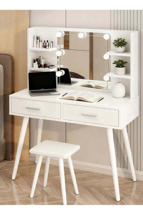 Dressing Table Vanity Table with Chair, Makeup Vanity Table with Drawers, Multifunction Modern Design Dressing Table Study Table Large Storage Workstation With Side Cabinet for Bedroom Dressi