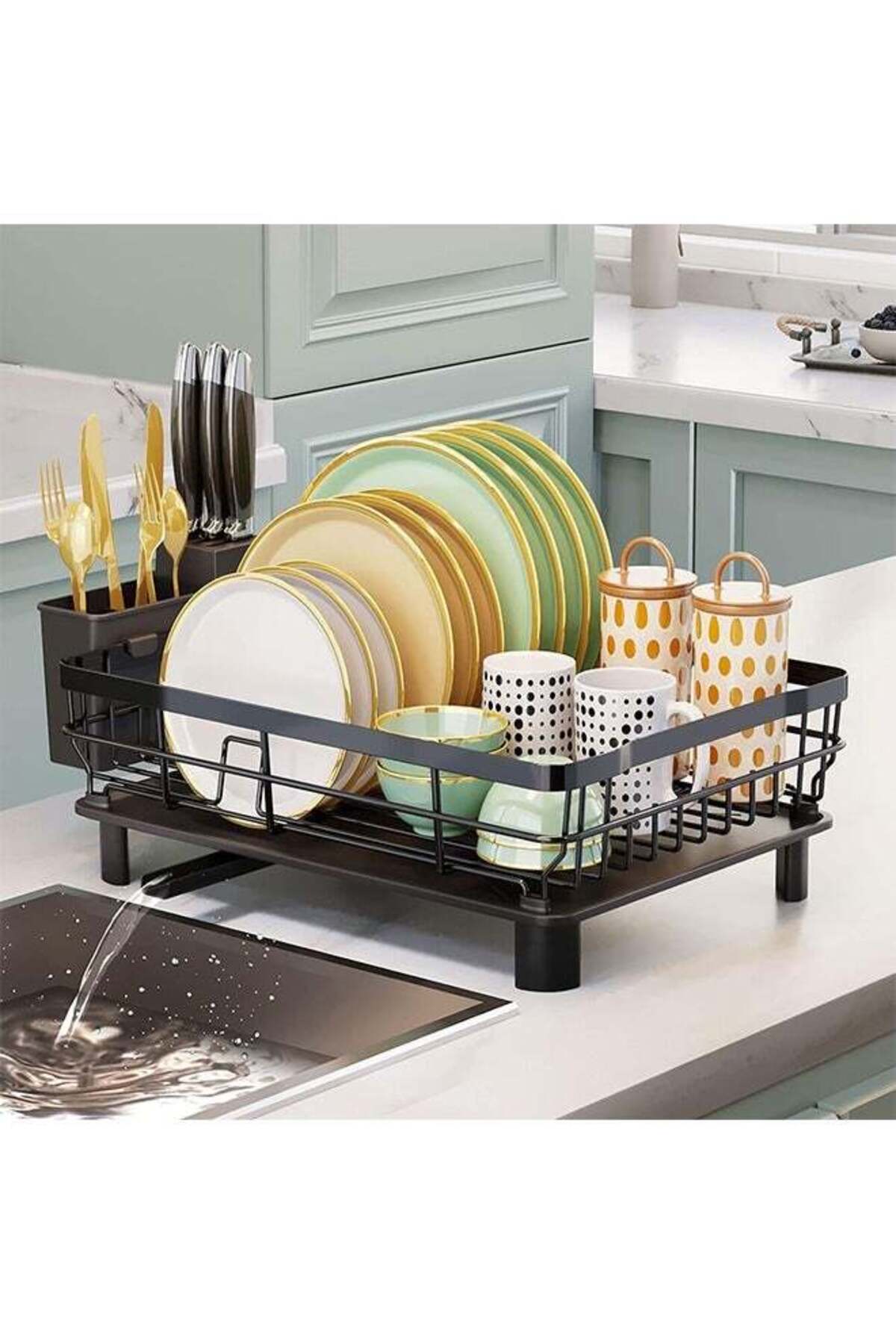 Dish Drying Rack,Drainboard Deflector Design with Utensil Holder and Knife Slot,Dish Storage Basket for Kitchen/Dining Room(Black)