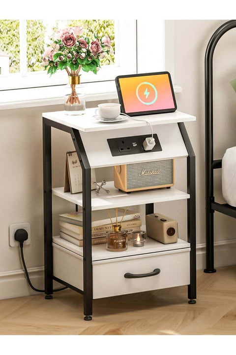3-Tier Nightstand with Charging Station (2 USB Ports & 2 Outlets), Adjustable Fabric Drawers & Storage Shelves - Multi-Functional End Table for Bedroom, Living Room, Closet, Entryway - White