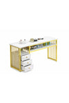 3 Tier Storage Shelves Manicure Table with White Faux Marble Top, Gold Metal Frame Nail Desk Workstation for Home Office Kitchen and Nail Tech Makeup Beauty Spa Salon Equipment