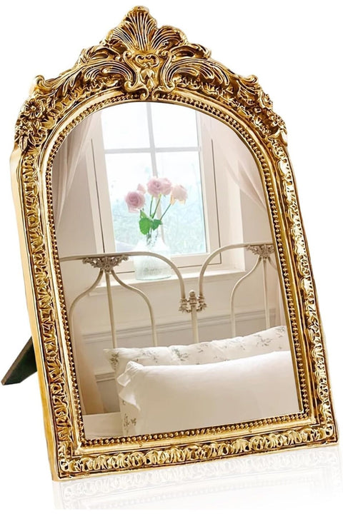 Vintage Gold Makeup Desk Mirror, Antique Resin Frame Tabletop Vanity Mirror, Decorative Wall Art Accent for Bedroom, Living Room, Dressing Table, Classic Retro Home Décor (9.3" × 5.7")